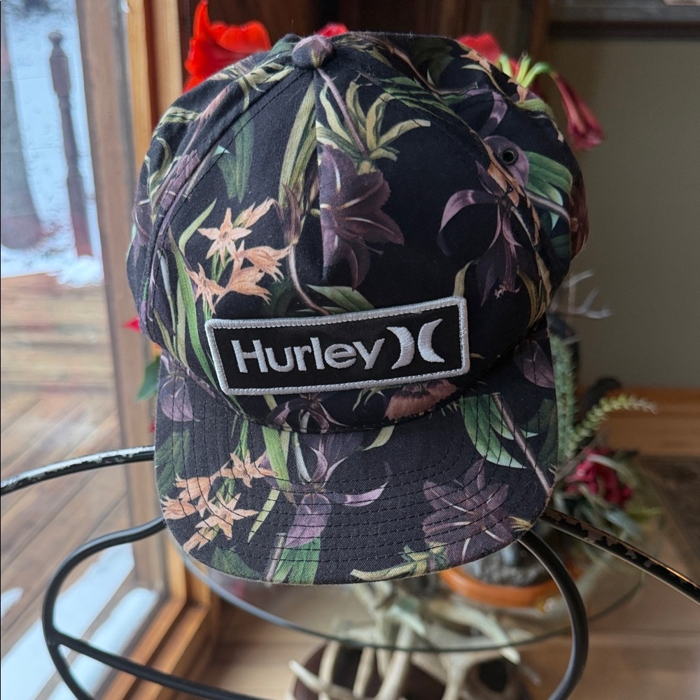 Hurley Tropical Floral Snapback Hat Black Green Botanical Flat Brim Cap Yupoong